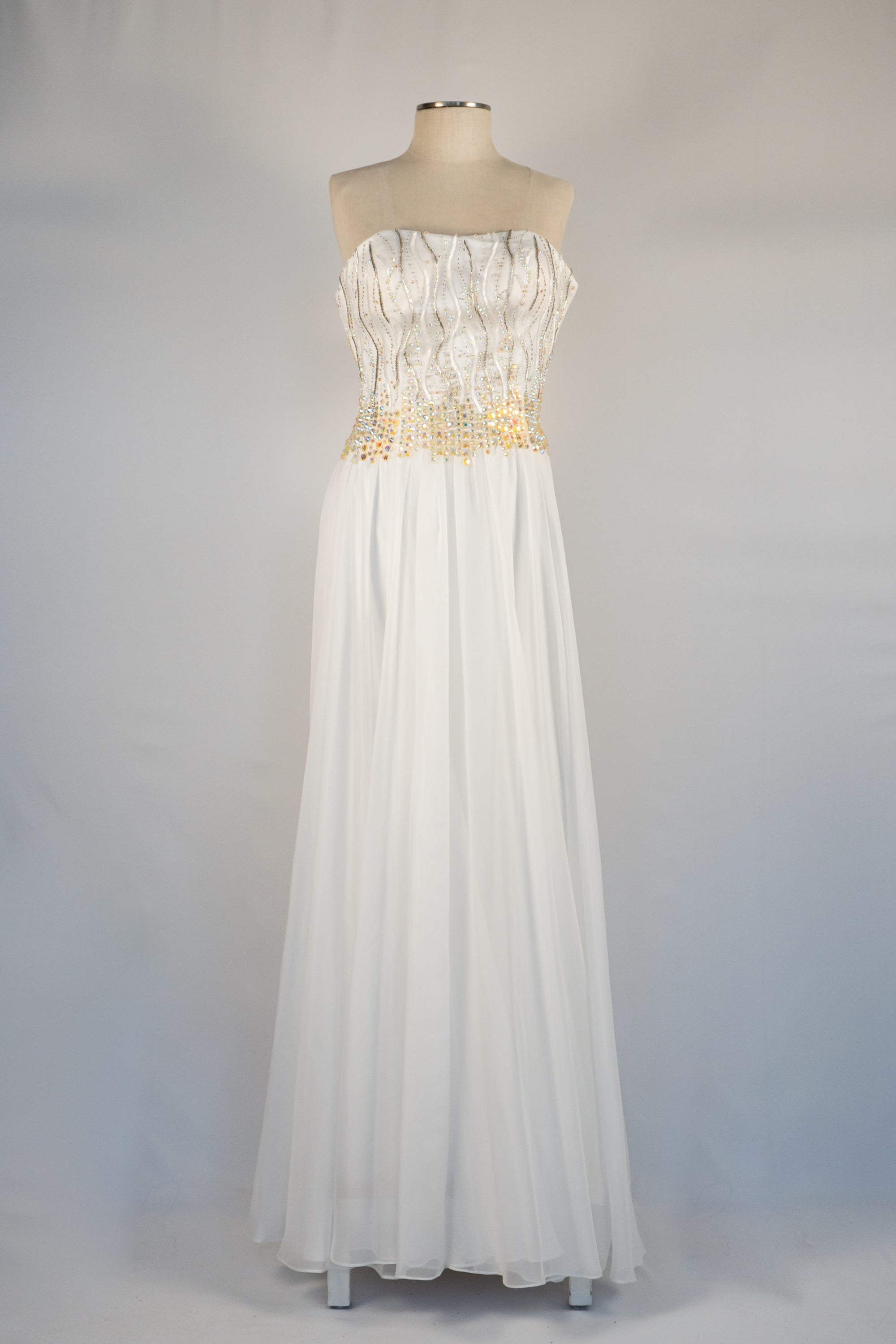 White & Gold Sparkle Strapless Full Length Dress