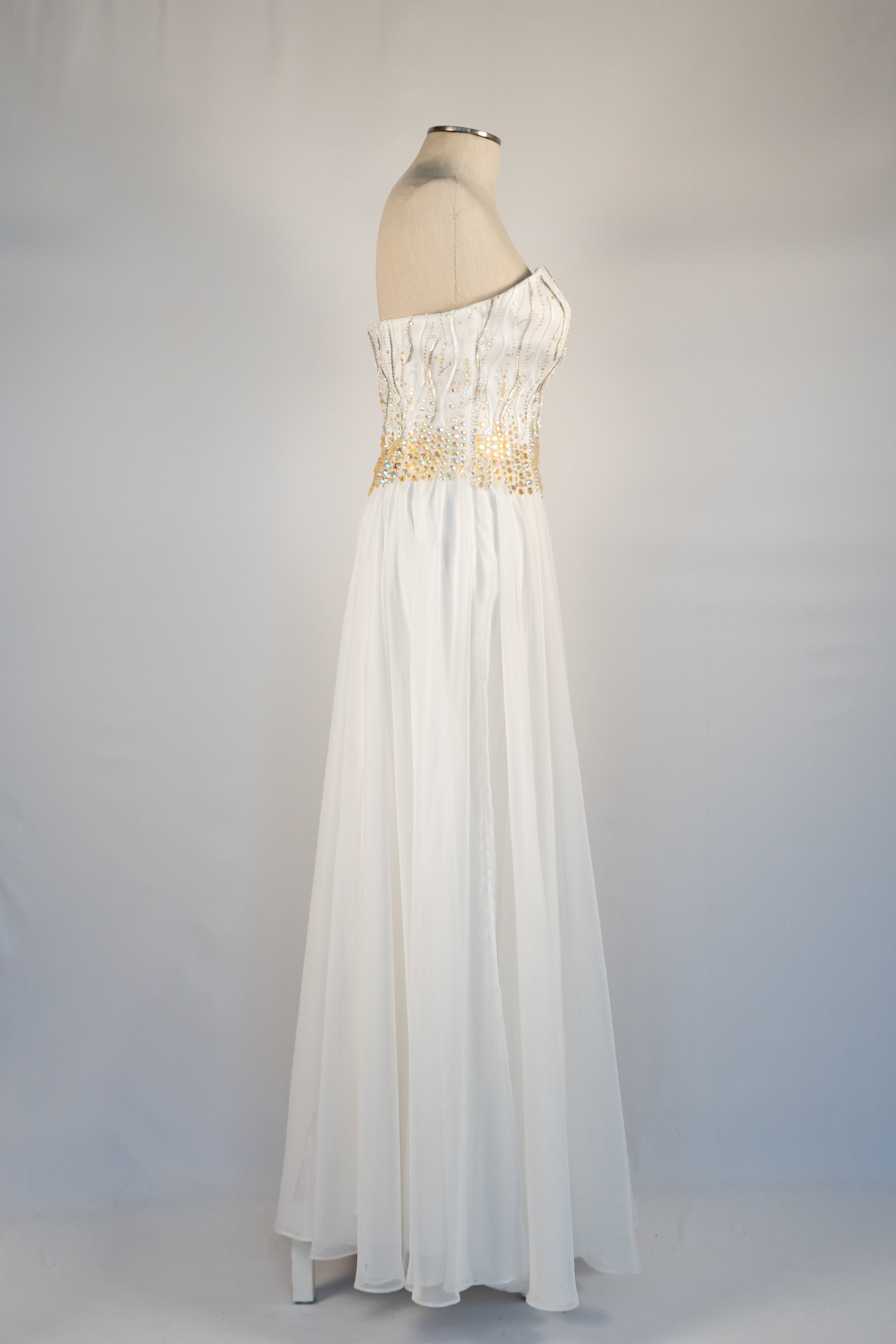White & Gold Sparkle Strapless Full Length Dress