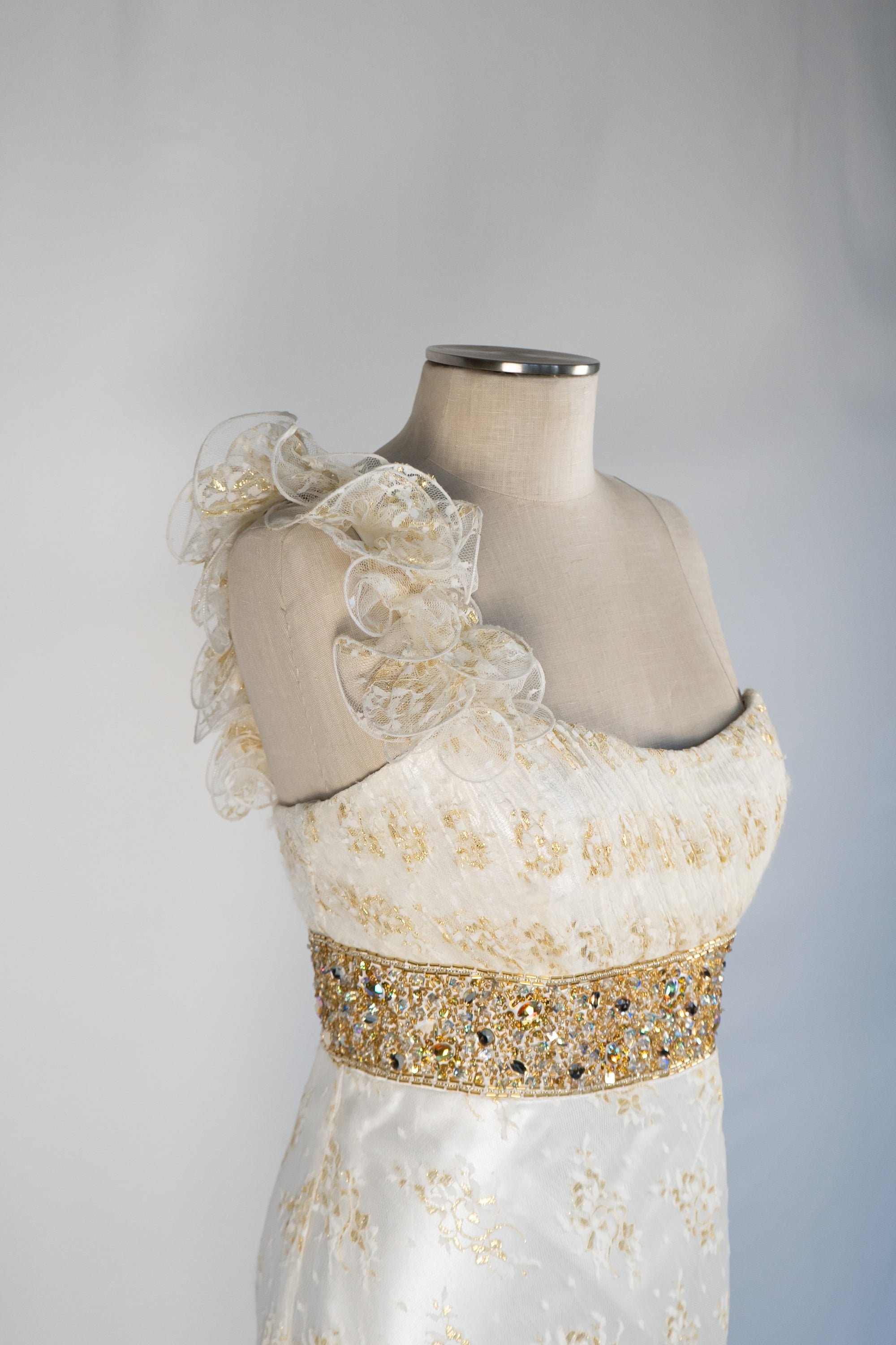 Cream & Gold One-Strap Full Length Dress