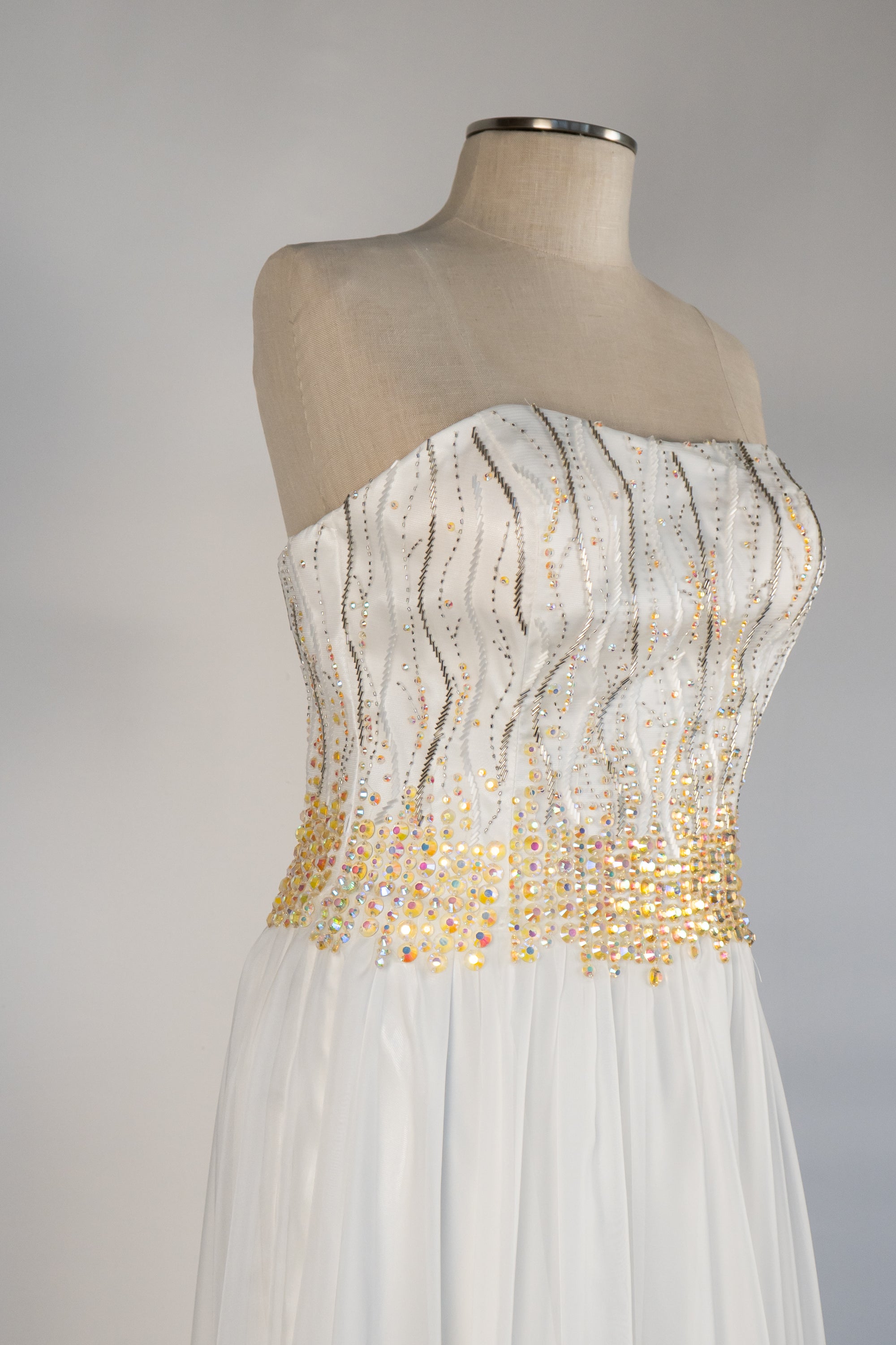 White & Gold Sparkle Strapless Full Length Dress